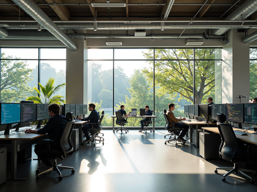 现代化办公环境，开放式工作区域，员工正在讨论技术方案，高科技设备展示，专业团队氛围