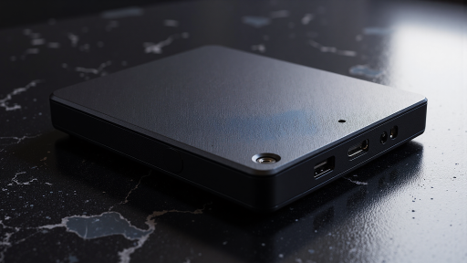 AI边缘计算盒子产品展示，黑色紧凑型外壳设计，多个USB和网络接口，LED状态指示灯，散热风扇，工业级外观