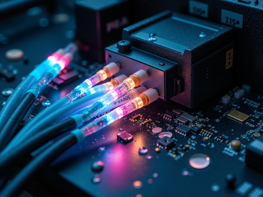 AI边缘计算设备产品展示，黑色金属外壳，LED指示灯，多种接口连接线缆，工业级设计，现代科技感背景