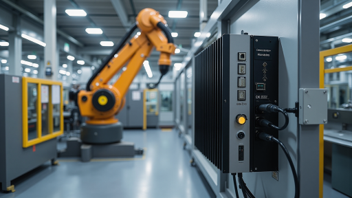 工业级工控机产品展示，坚固金属外壳，前面板多个接口，内部电路板清晰可见，专业工业设计